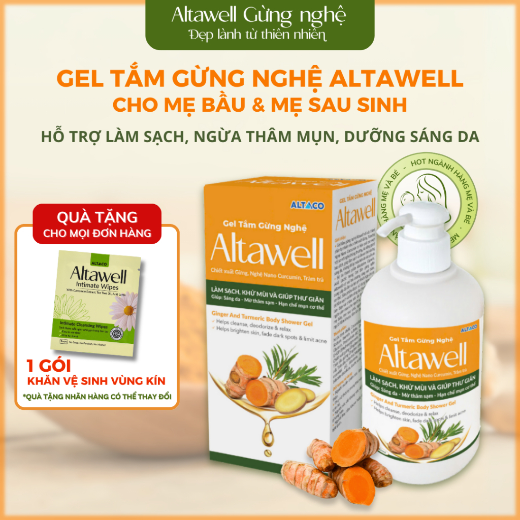 Gel Tắm Gừng Nghệ Altawell Hỗ Trợ Làm Sạch & Khử Mùi, Ngừa Mụn Sáng Da, Thành phần Gừng Nghệ Hỗ Trợ 
