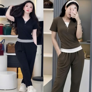 Set Bộ Nữ Áo Cổ V Có Cúc Phối 2 Lớp,Tay Ngắn,Dáng Ôm Chất Mì Lạnh Phối Quần Baggy Ống Xuông Thun Mát Dành Cho Nữ 2026