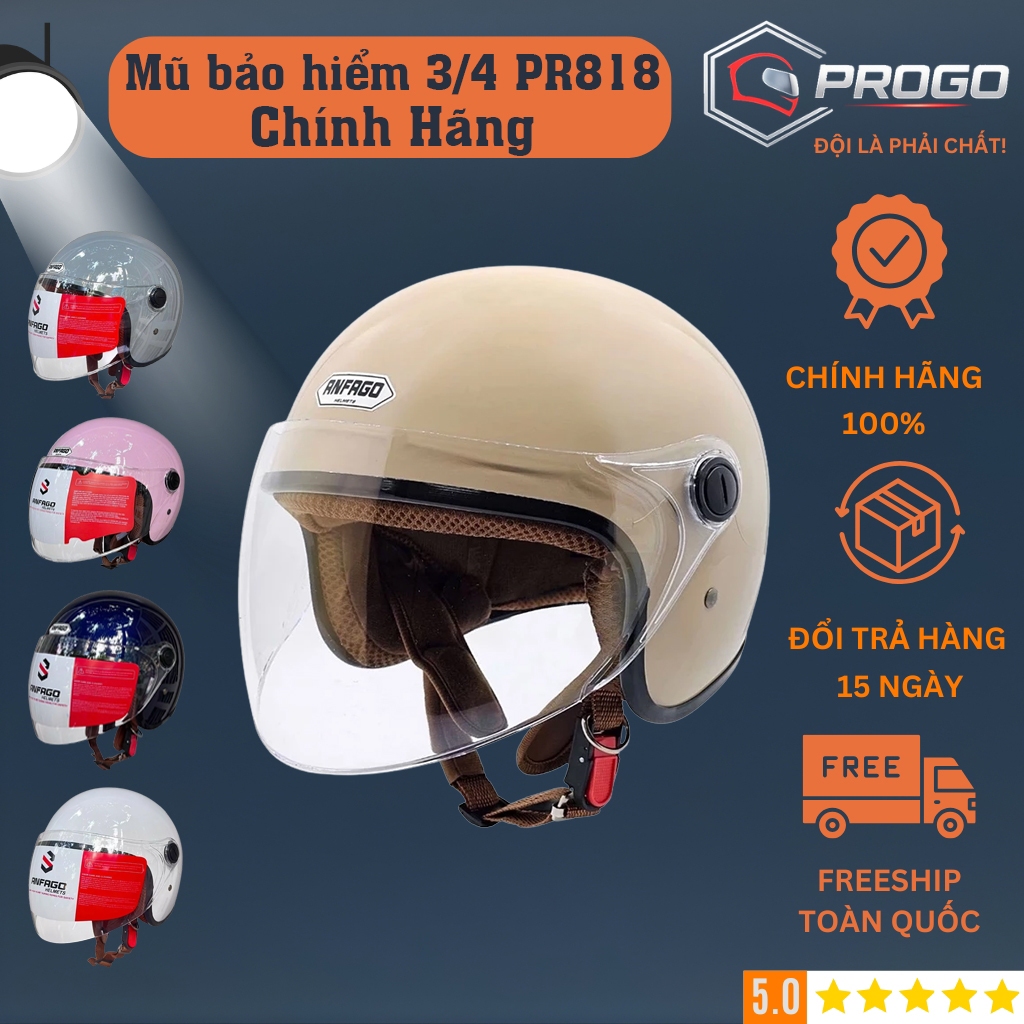 Mũ bảo hiểm 3/4 có kính Anfago PR818 – Nón bảo hiểm chính hãng, Size đầu to, nhiều màu cho nam và nữ
