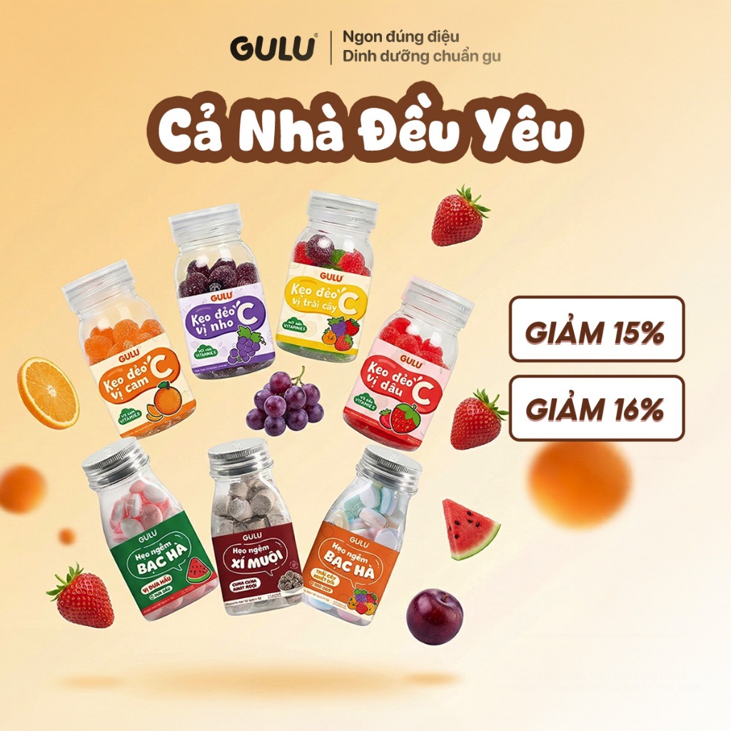Combo Kẹo Dẻo C, Kẹo Ngậm Bạc Hà Gulu Foods, Combo 7 Lọ, Hương Vị Trái Cây