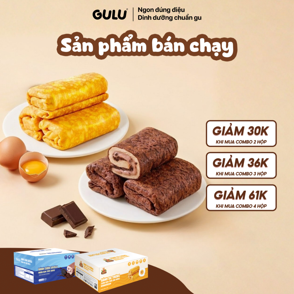 [Bán Chạy] Bánh Da Trứng Cuộn Kem Tươi Chà Bông Và Bánh Cuộn Socola Kem Tươi Choco GuluFoods