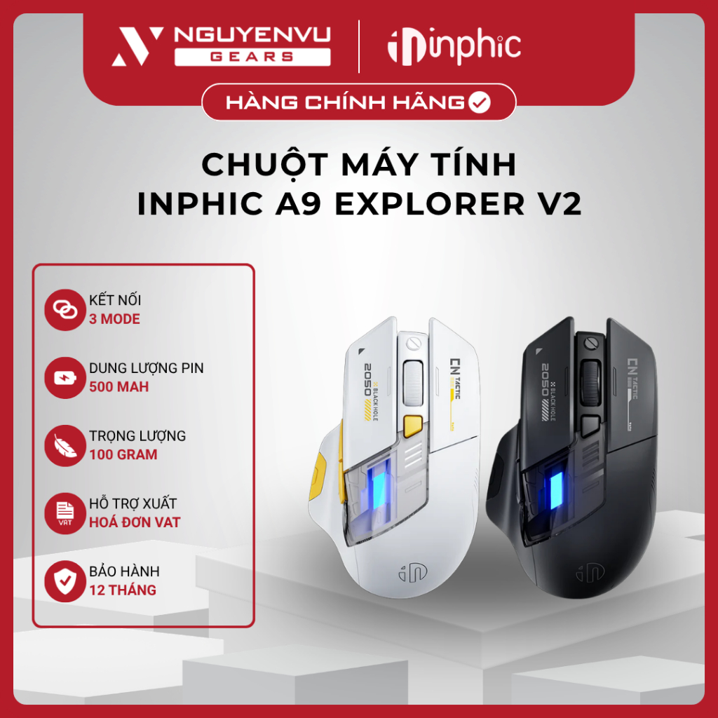 [VAT] Chuột máy tính INPHIC A9 Explorer V2 - Không dây, Vỏ trong suốt, Pin sạc Type-C - BH 12 Tháng