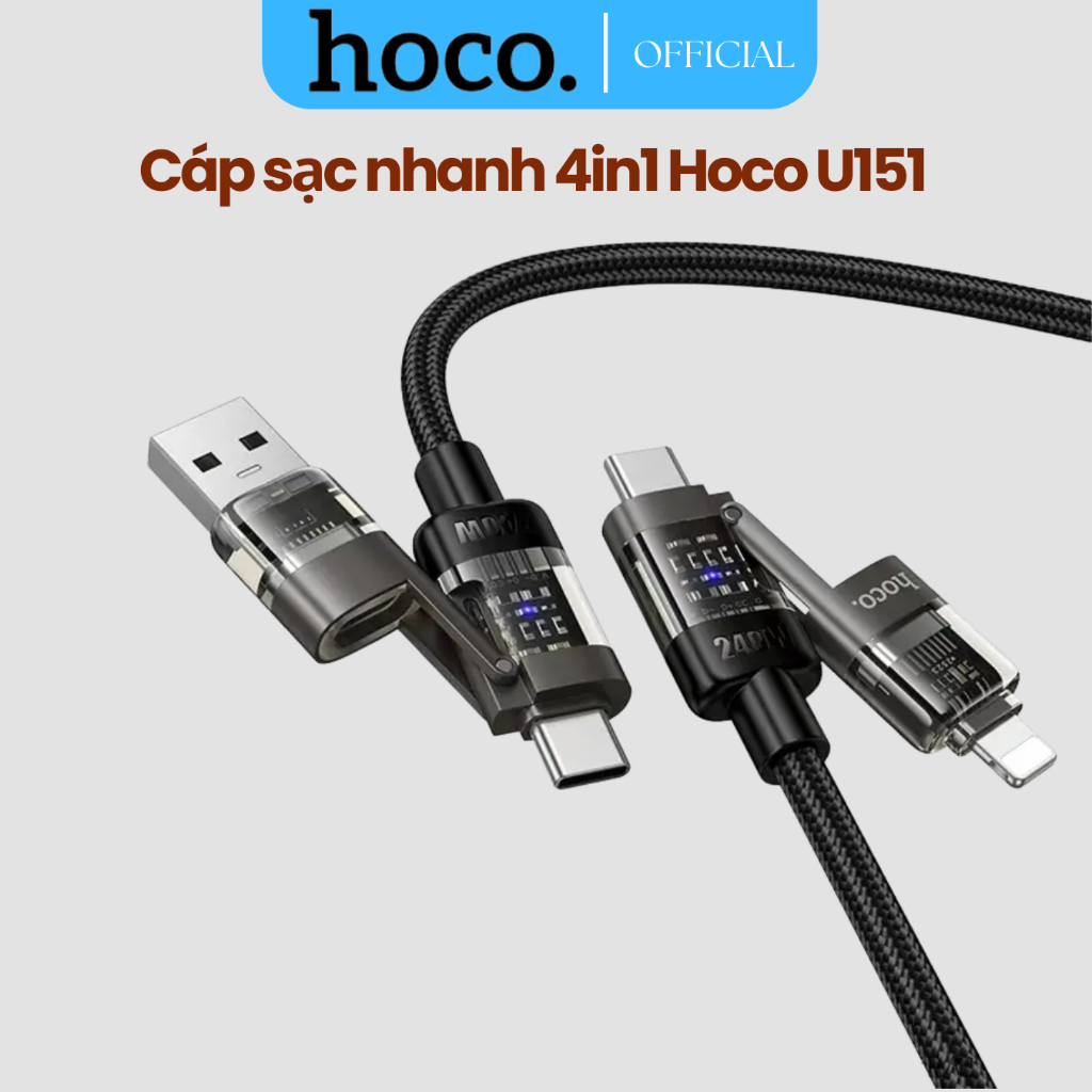 Cáp sạc nhanh đa năng Hoco U151 trong suốt có led khi sạc biến đổi 4in1 dây dù 1.2m