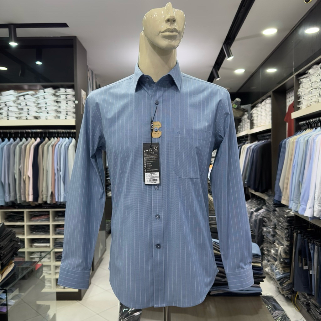 Áo sơ mi nam Owen dài tay màu xanh đâm kẻ sọc regular fit vạt bầu vải sợi tre AR260093DT