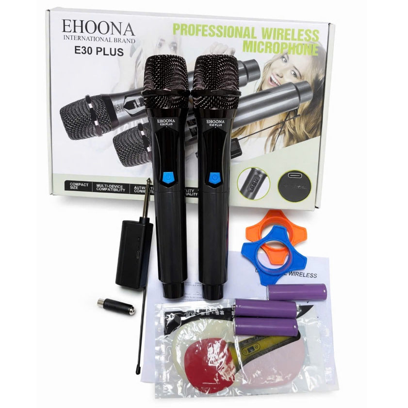 Bộ 2 Micro Không Dây Đa Năng Ehoona E30 Plus Pin Sạc Cho Amly, Loa Kéo, Sound Card, Chống Nhiễu Tốt,