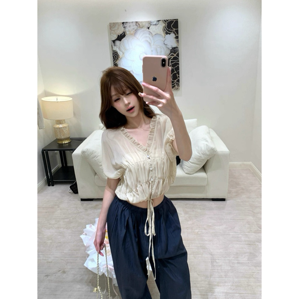 Áo nữ cổ V viền ren rút dây eo TABISHOP Áo kiểu nữ form croptop dễ phối đồ(308) | BigBuy360 - bigbuy360.vn