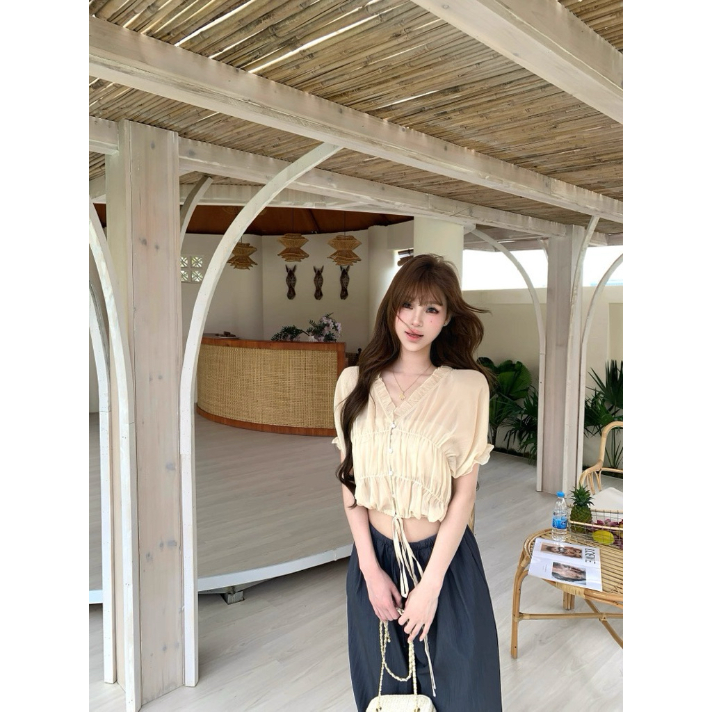 Áo nữ cổ V viền ren rút dây eo TABISHOP Áo kiểu nữ form croptop dễ phối đồ(308) | BigBuy360 - bigbuy360.vn