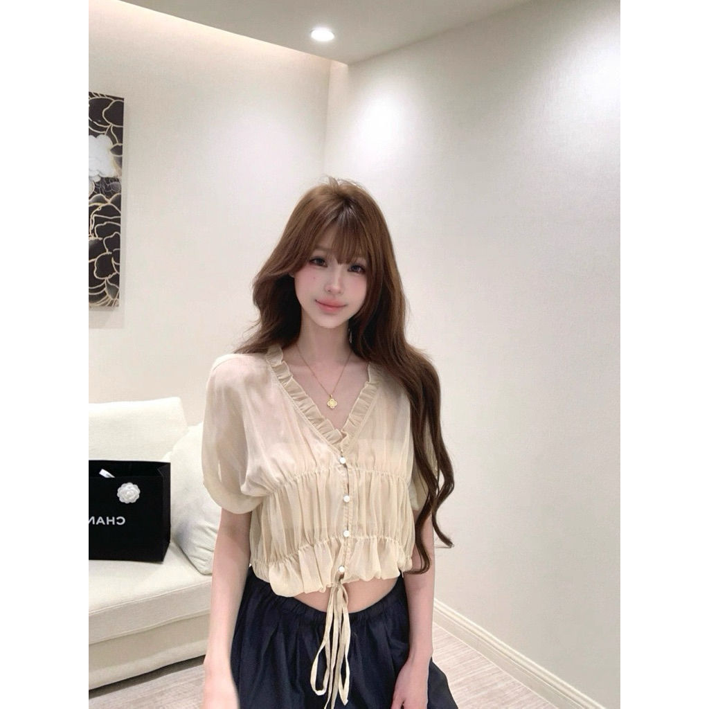 Áo nữ cổ V viền ren rút dây eo TABISHOP Áo kiểu nữ form croptop dễ phối đồ