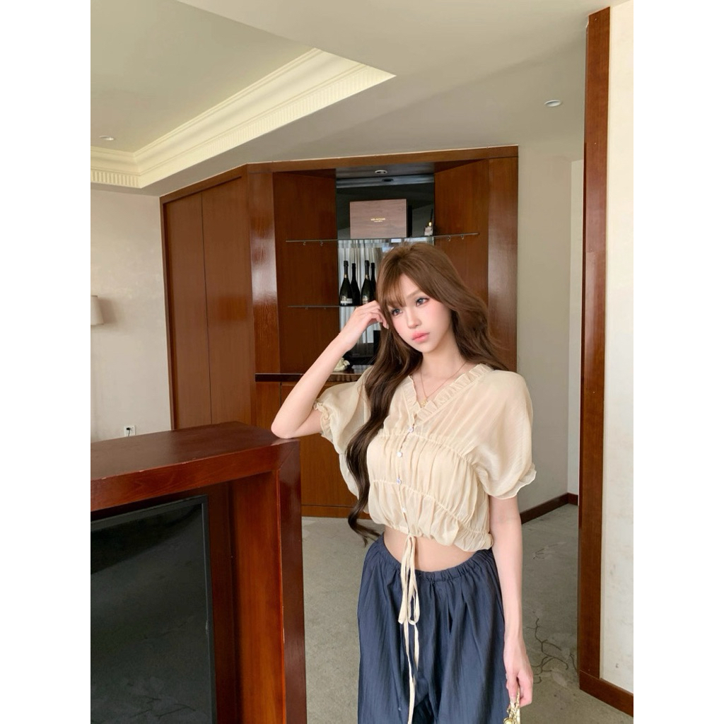 Áo nữ cổ V viền ren rút dây eo TABISHOP Áo kiểu nữ form croptop dễ phối đồ(308) | BigBuy360 - bigbuy360.vn