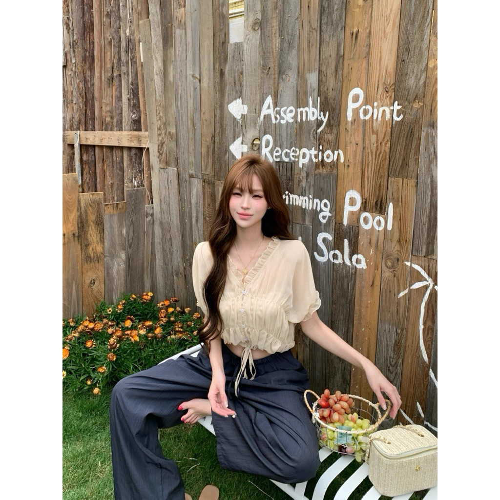 Áo nữ cổ V viền ren rút dây eo TABISHOP Áo kiểu nữ form croptop dễ phối đồ(308) | BigBuy360 - bigbuy360.vn