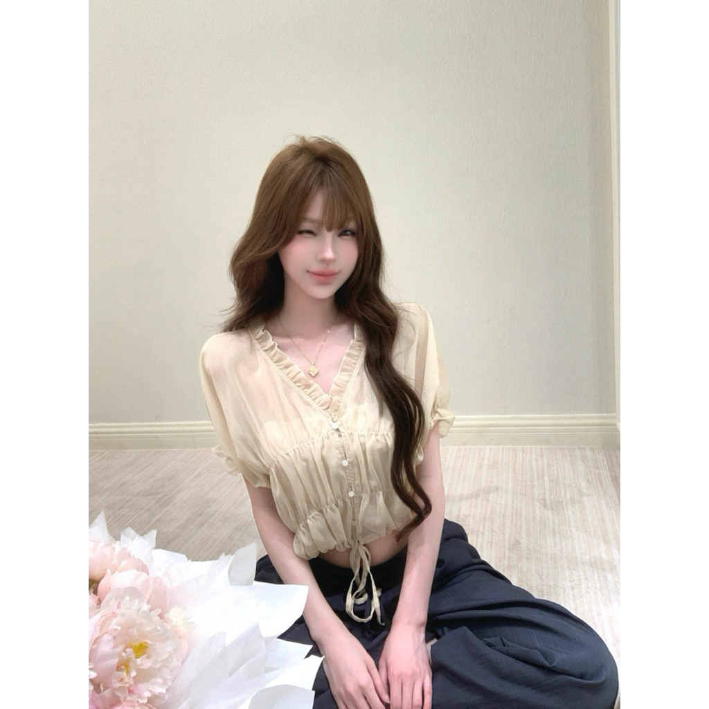Áo nữ cổ V viền ren rút dây eo TABISHOP Áo kiểu nữ form croptop dễ phối đồ(308) | BigBuy360 - bigbuy360.vn