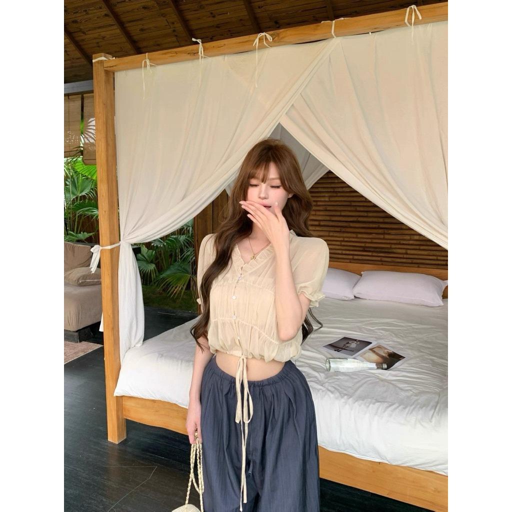 Áo nữ cổ V viền ren rút dây eo TABISHOP Áo kiểu nữ form croptop dễ phối đồ(308) | BigBuy360 - bigbuy360.vn