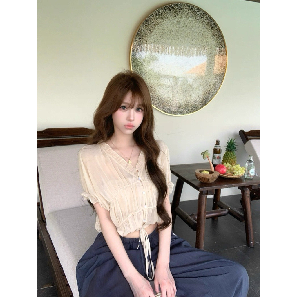 Áo nữ cổ V viền ren rút dây eo TABISHOP Áo kiểu nữ form croptop dễ phối đồ(308) | BigBuy360 - bigbuy360.vn