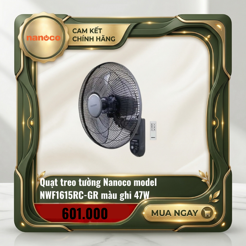 Quạt treo tường Nanoco model NWF1615RC-GR màu ghi (3 chế độ gió, công suất 47W)