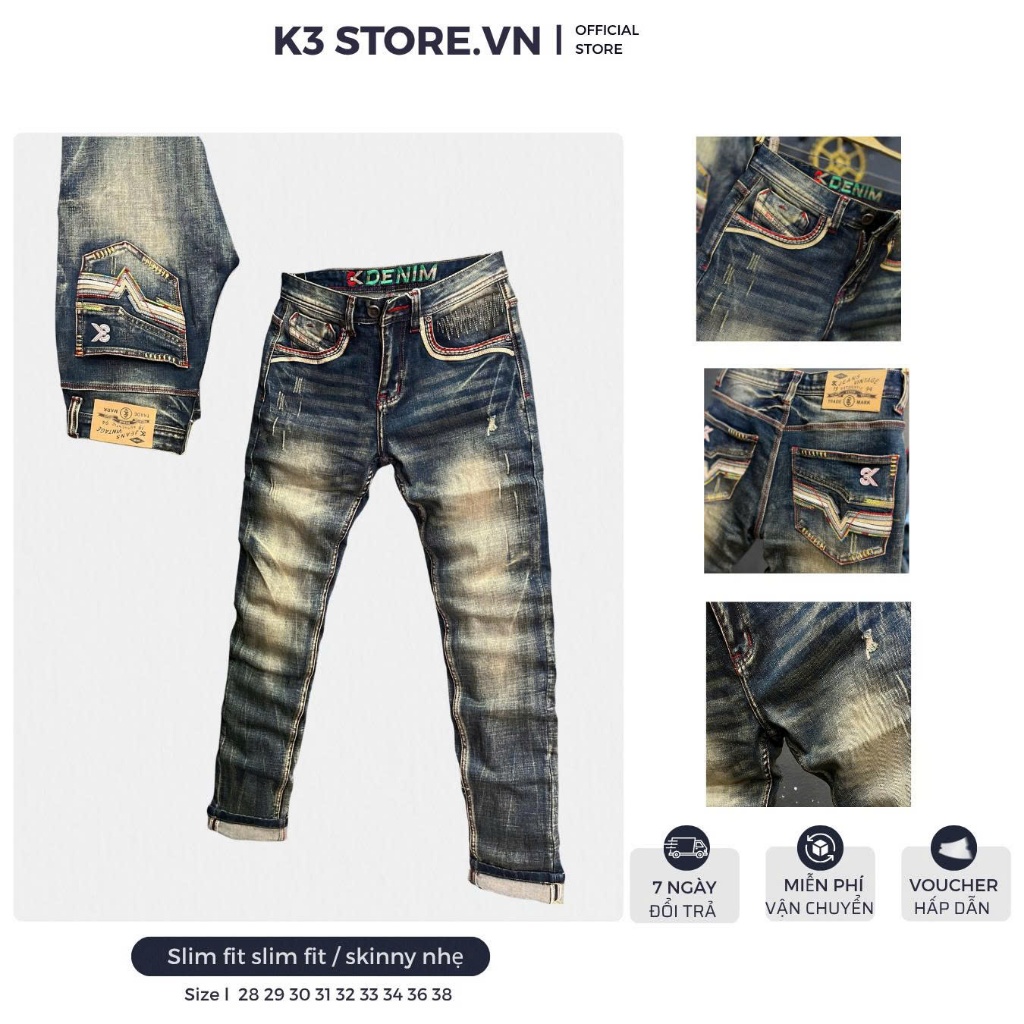 [K3 STORE VN] Quần Jean Nam  3K DENIM Guangzhou Dài Màu Was Đồng Túi Dập Da 3KM13 - J3935