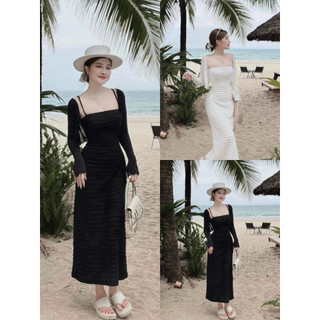 Đầm maxi mặc đi biển thời trang QC chất ren cao cấp thiết kế hai dây cúp ngực váy maxi dáng suông kèm áo khoác tăm giấy