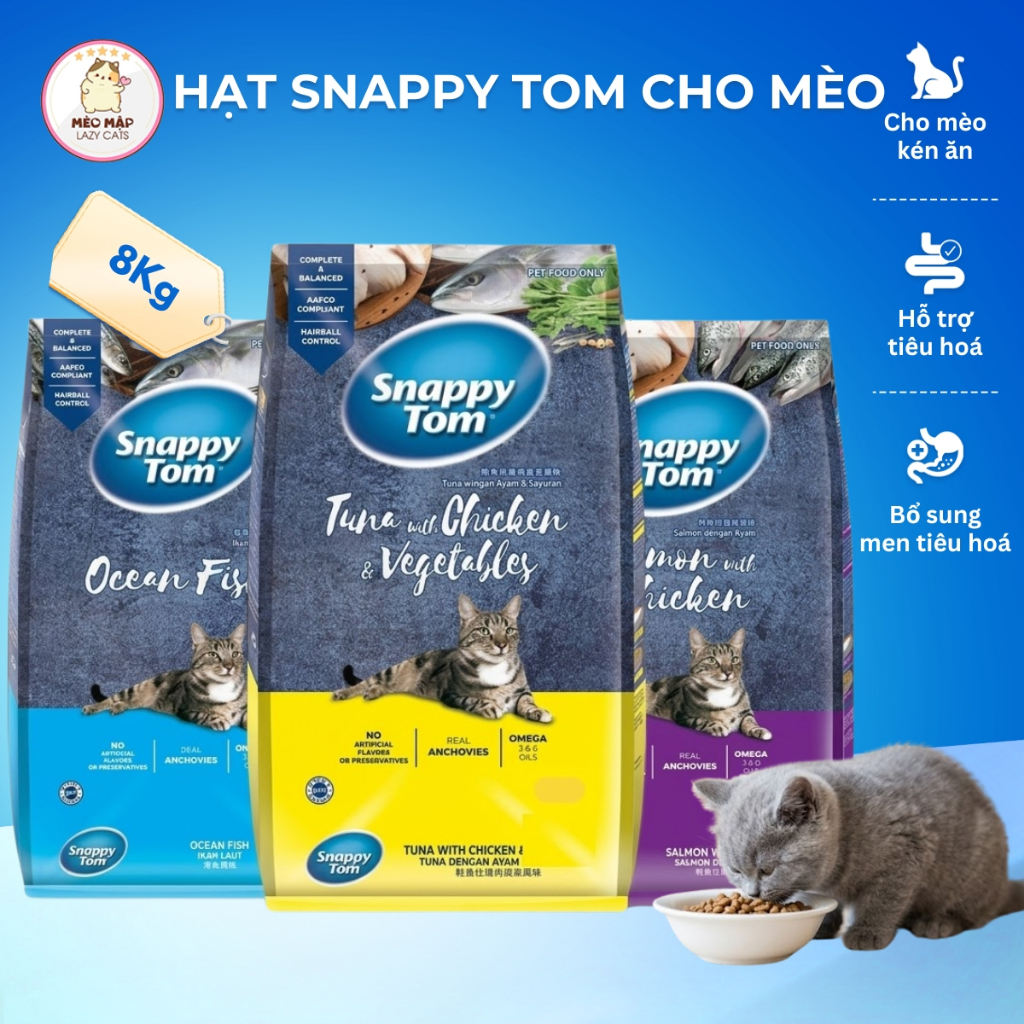 [8kg] SNAPPY TOM Thức Ăn Hạt Khô Dành Cho Mèo  Dinh Dưỡng Cân Bằng, Giúp Mèo Khỏe Mạnh Và Ăn Ngon