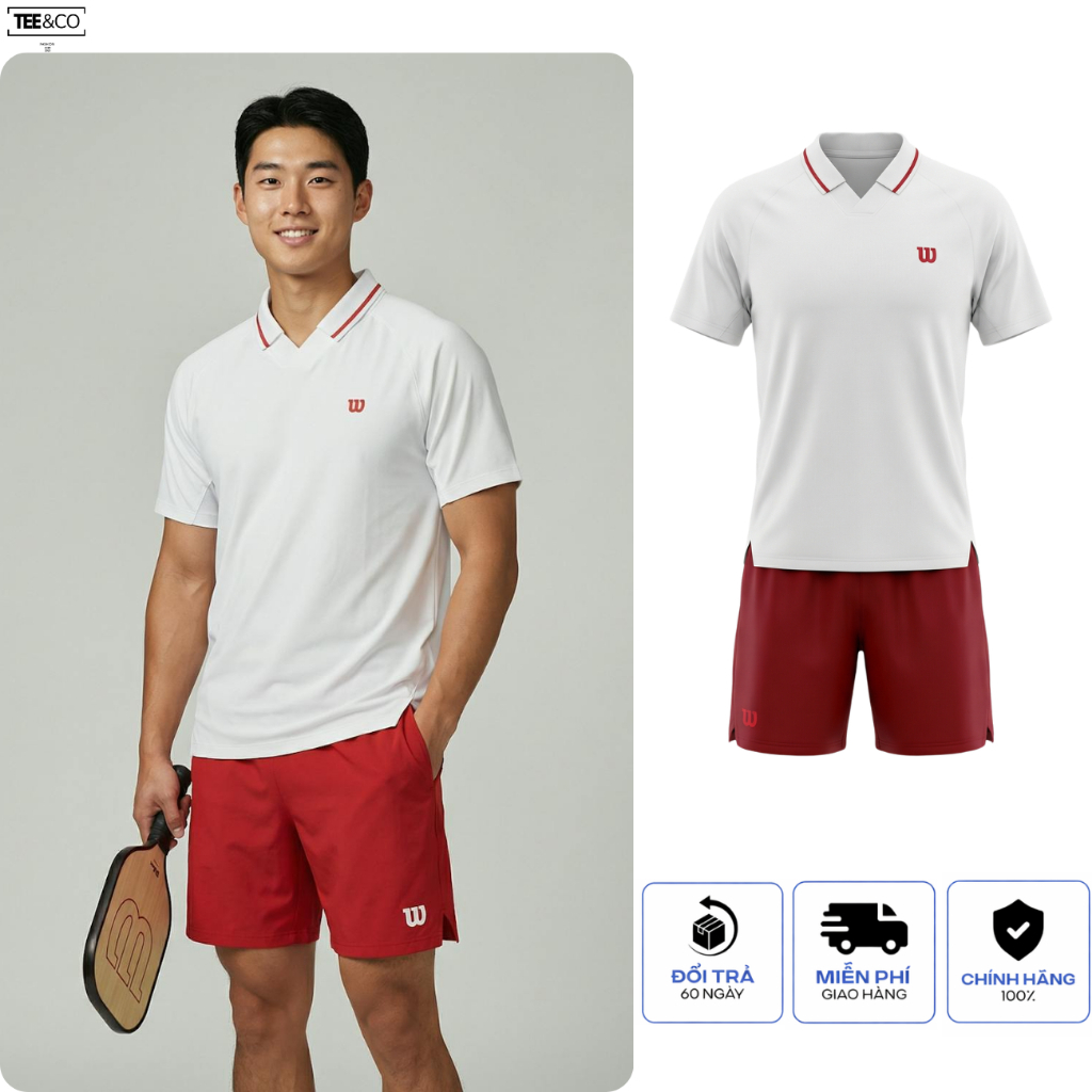 Set Thun Wilson Pickleball Áo Thể Thao Trắng Cổ V Viền Đỏ + Quần Short Đỏ, Thoáng Mát, Thấm Hút Tốt 