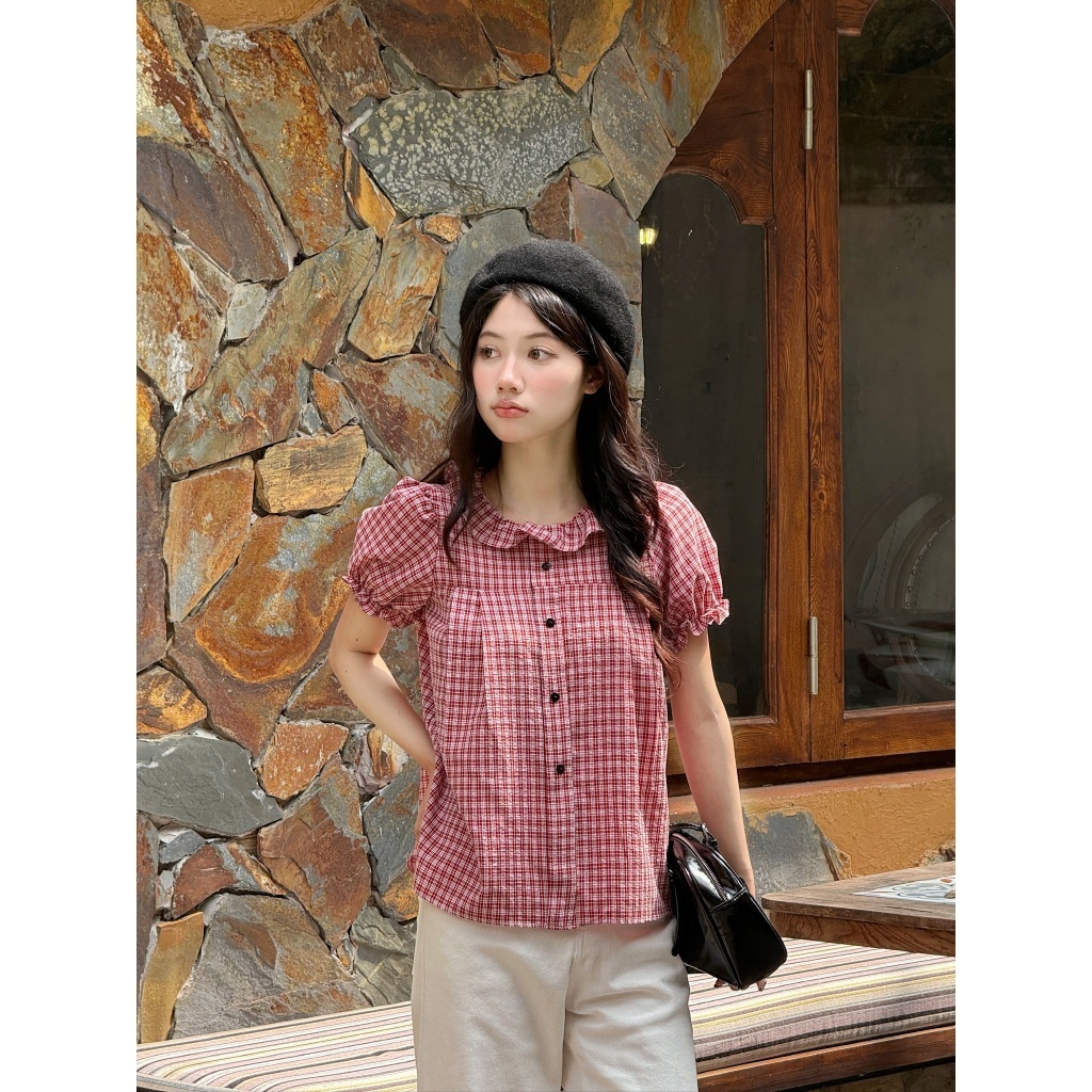 4 𝙏𝒉𝙖𝒐𝙫𝒊_𝑼𝙡𝒍𝙯𝒂𝙣𝒈// Áo babydoll kẻ caro cổ bèo tay bồng - Áo kiểu babydoll kẻ caro Siu Xinh Dễ Mặc A597