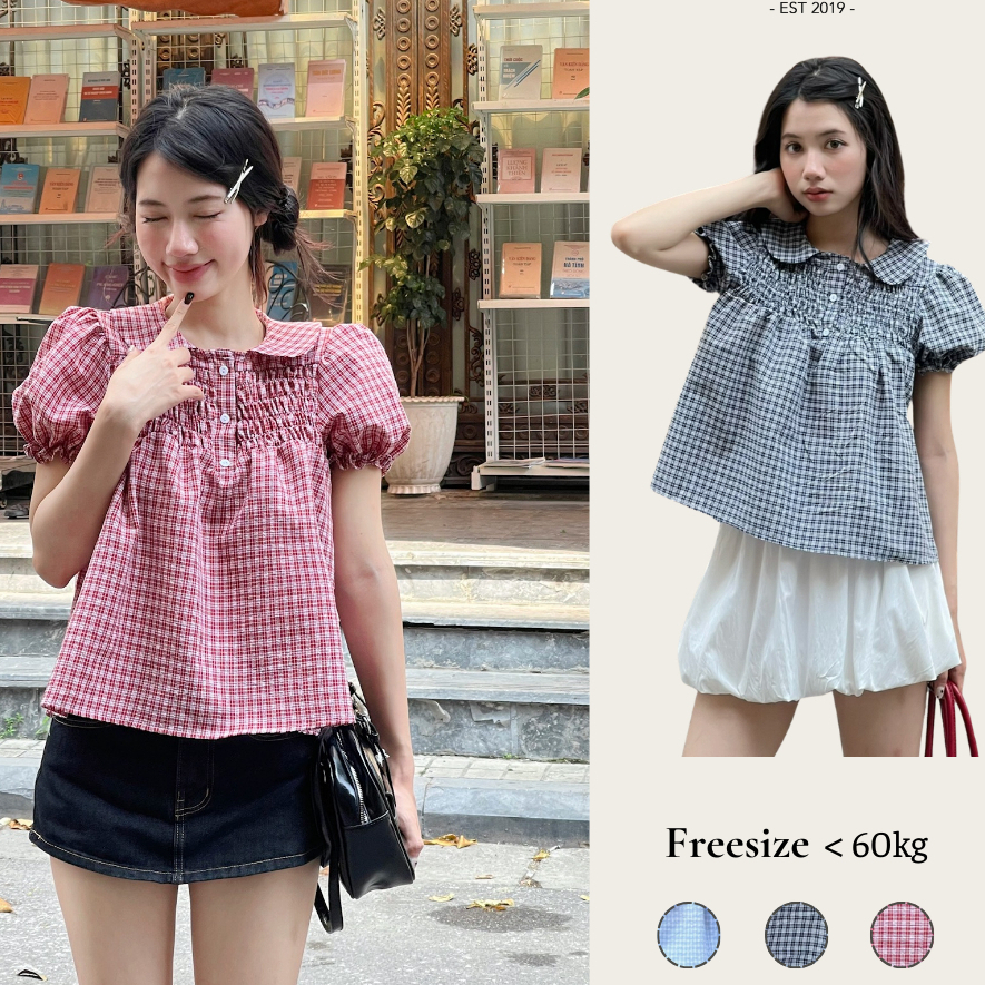 3 Áo Babydoll Kẻ Caro Cổ Sen Dễ Thương, Áo kiểu kẻ caro dễ thương dáng vibe tiểu thư mác hàng ngày –