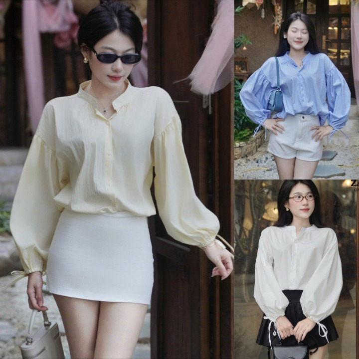 Áo Sơ Mi Babydoll Nữ Dáng Tay Phồng Bo Chun Thắt Nơ Áo Dài Tay Form Rộng Basic Chất Gió Nhăn Mềm SM1