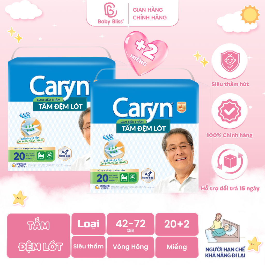 2 GÓI Tấm đệm Lót Caryn siêu thấm giúp chống trào với công nghệ kháng khuẩn ngăn ngừa vi khuẩn và kiểm soát mùi hiệu quả