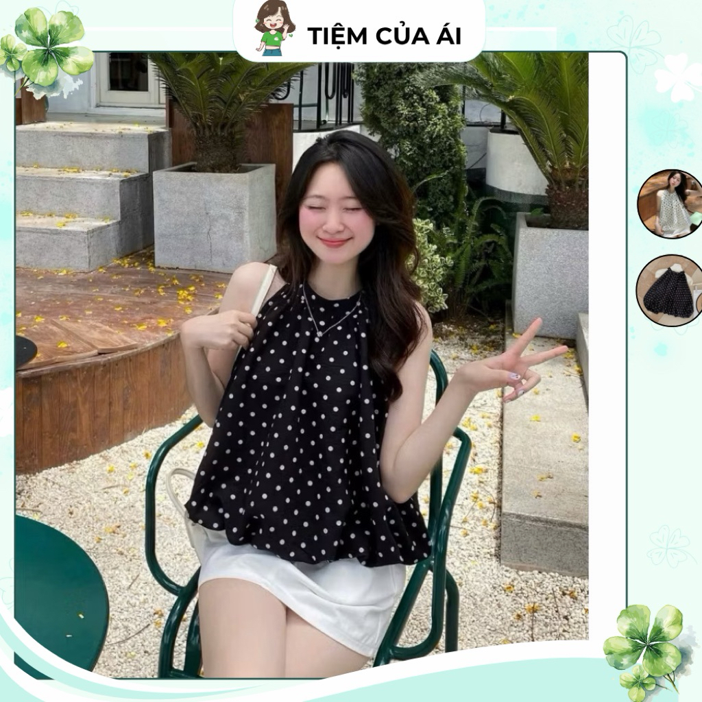 Áo Cổ Yếm Chấm Bi Sát Nách Dáng Bí Phồng Dễ Thương, Áo Kiểu Nữ