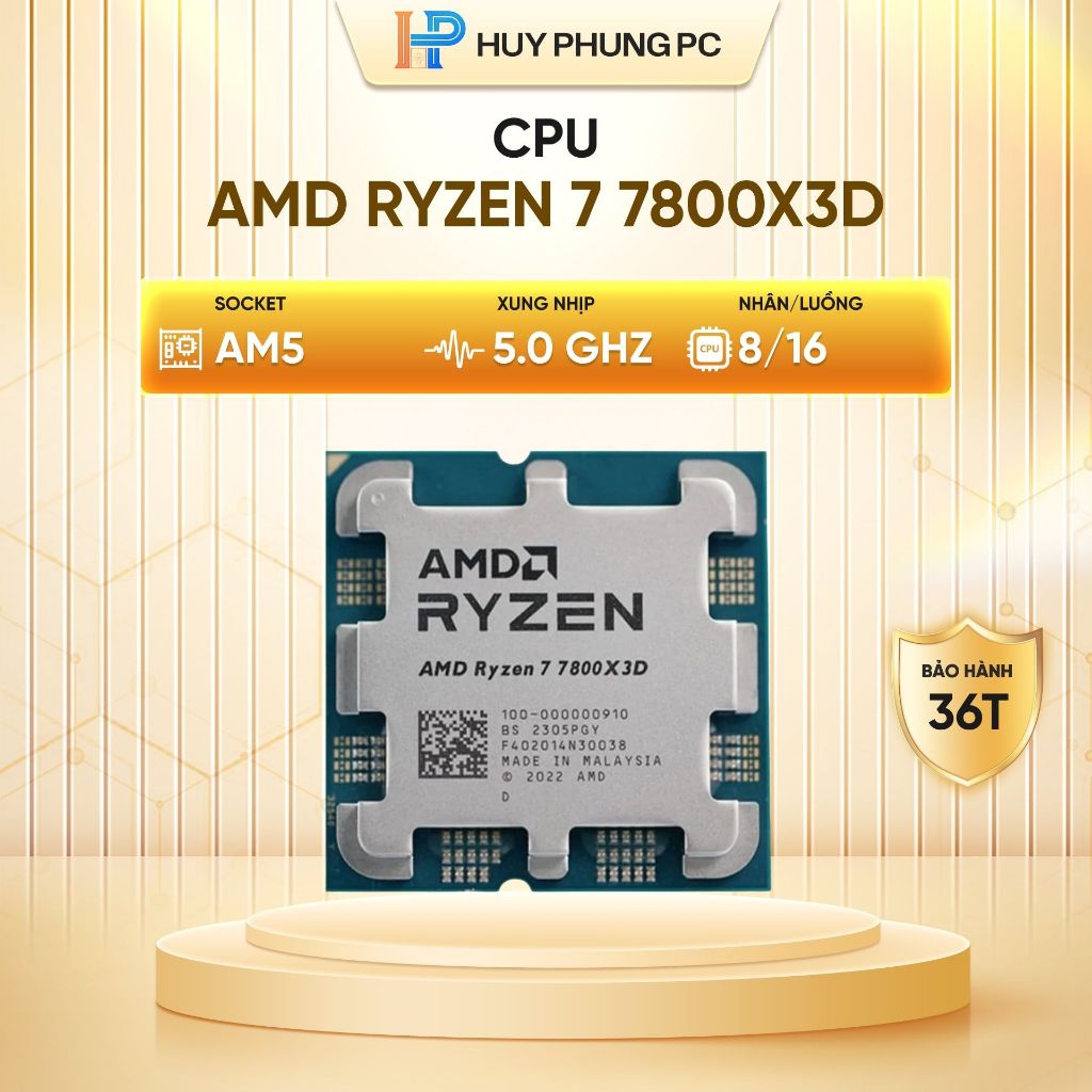 Vi xử lý AMD Ryzen 7 7800X3D/9800X3D  (4,2 GHz Boost 5,0 GHz | 8 Cores / 16 Threads | 96 MB Cache|  