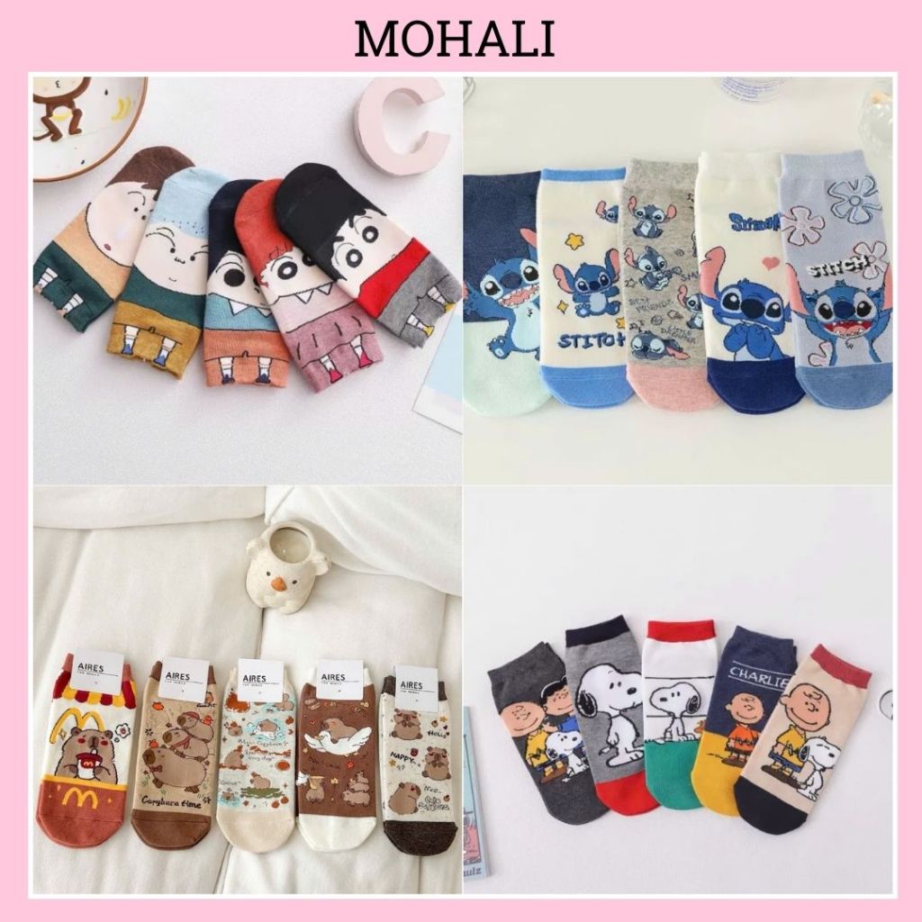 Set 5 đôi tất cổ ngắn nam nữ vớ hoạt hình shin cổ thấp chất liệu cotton dày dặn kháng khuẩn MOHALI VN012