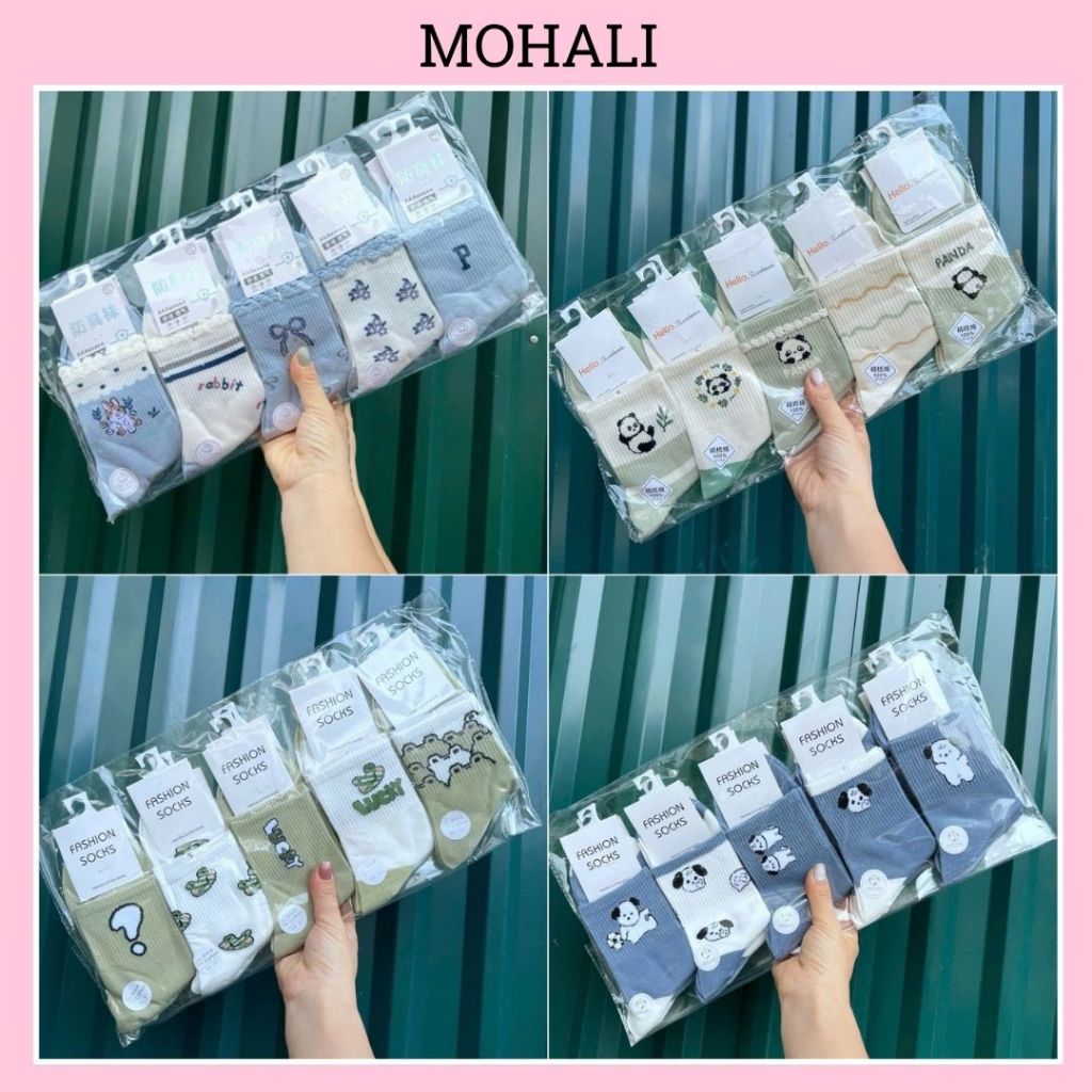Set 5 đôi tất vớ nữ cổ cao màu xanh cotton kháng khuẩn thấm hút mồ hôi tốt MOHALI SVC068