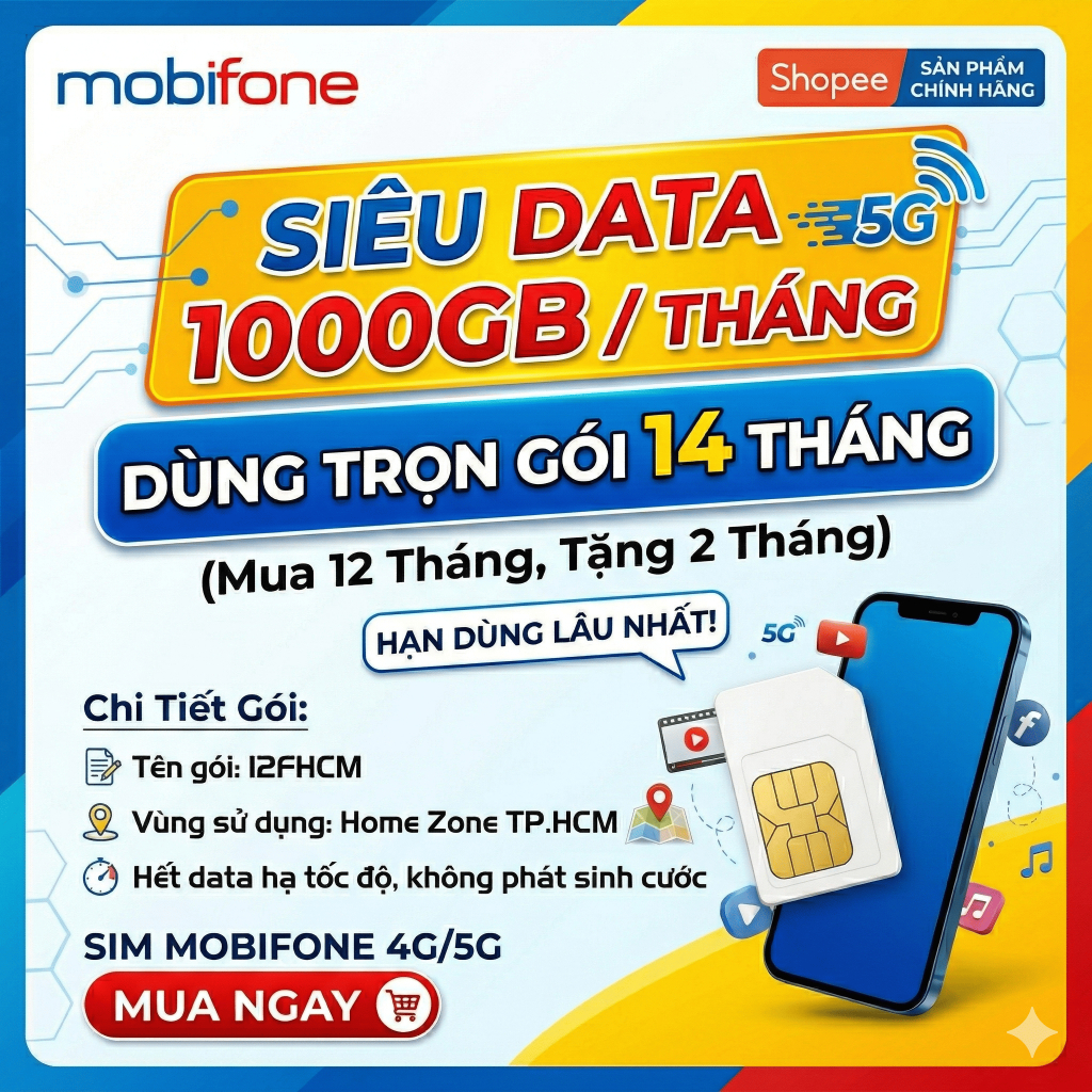 Sim 4G/5G Giá Rẻ 5GB/NGÀY 3GB/NGÀY 12FHN 1000GB 500GB/THÁNG 12FHCM Trọn Gói 1 Năm Sim 4G Viettel Mob