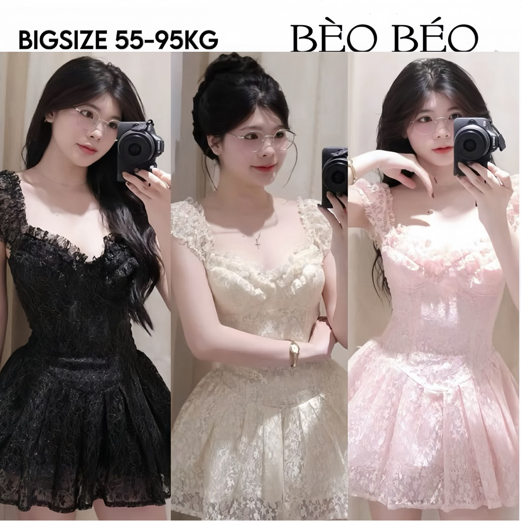 [BÈO BÉO BIGSIZE ] VÁY REN HOA NHÍ ÁNH NHŨ DÁNG NGẮN XOÈ TẦNG BỒNG TAY BO FORM BIGSIZE 60-90KG | BigBuy360 - bigbuy360.vn