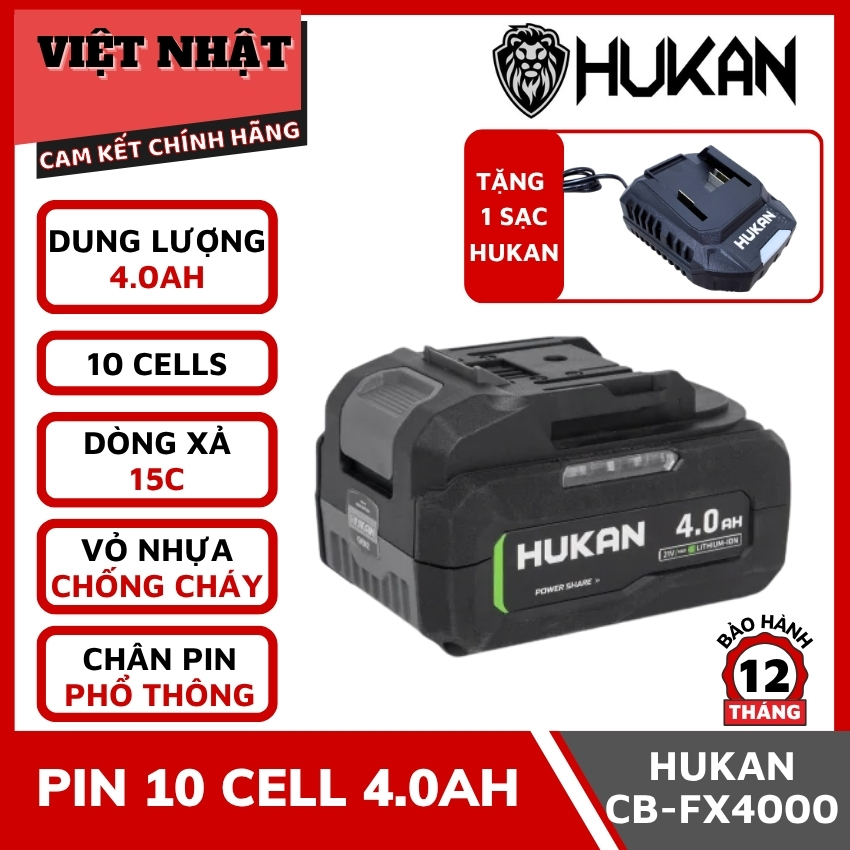 Bộ 10cell 4.0Ah Hukan CB-FX4000 bảo hành 12 tháng, dòng xả 15C, vỏ nhựa chống cháy, chân phổ thông