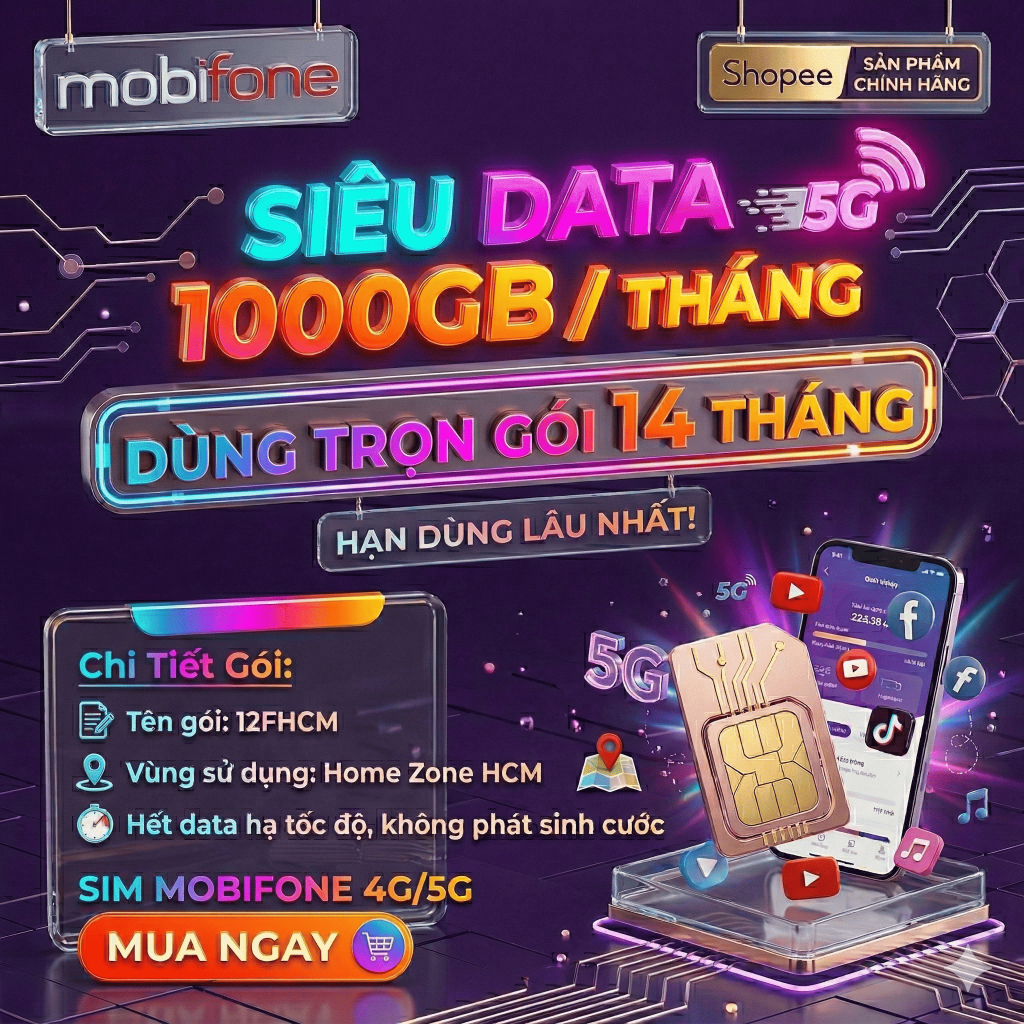 Sim 4G/5G 💎MobiFone Có Esim 12MDT150 1000GB/Tháng Trọn Gói 1 Năm Không Cần Nạp Tiền 12FHCM 12FHN 12M