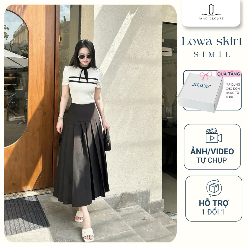 [JANG CLOSET] Chân váy xếp ly nữ công sở cạp cao dáng dài phù hợp đi làm đi chơi Lowa Skirt