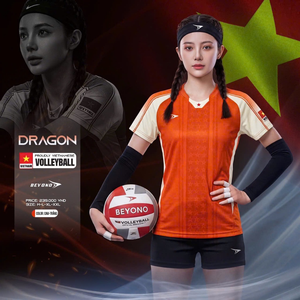 Bộ bóng chuyền nữ BEYONO DRAGON, bộ cầu lông nữ form ôm tôn dáng, co giãn thoáng khí có cờ Việt Nam