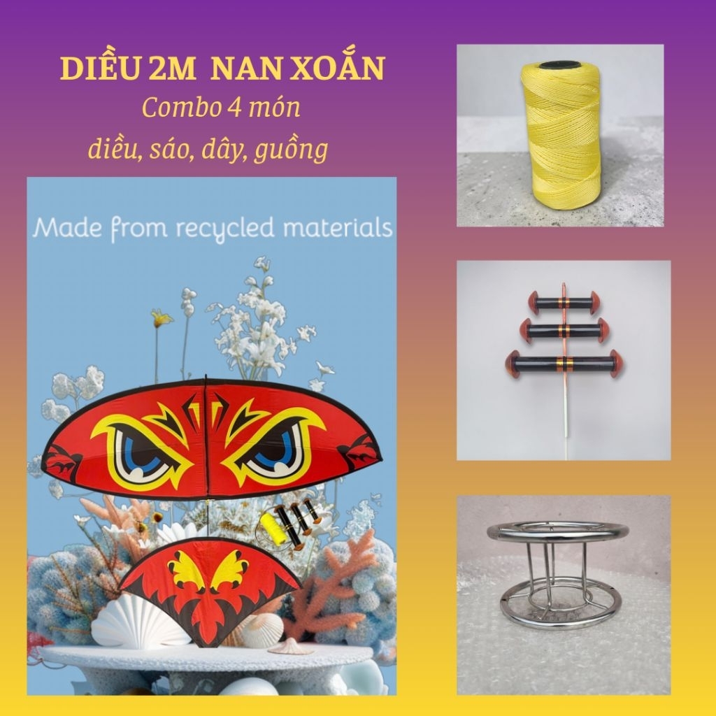 Combo diều 2m nan xoắn 4 món đuôi cá: diều. sáo 3 D27. dây 300m x 1.1. guồng D20.