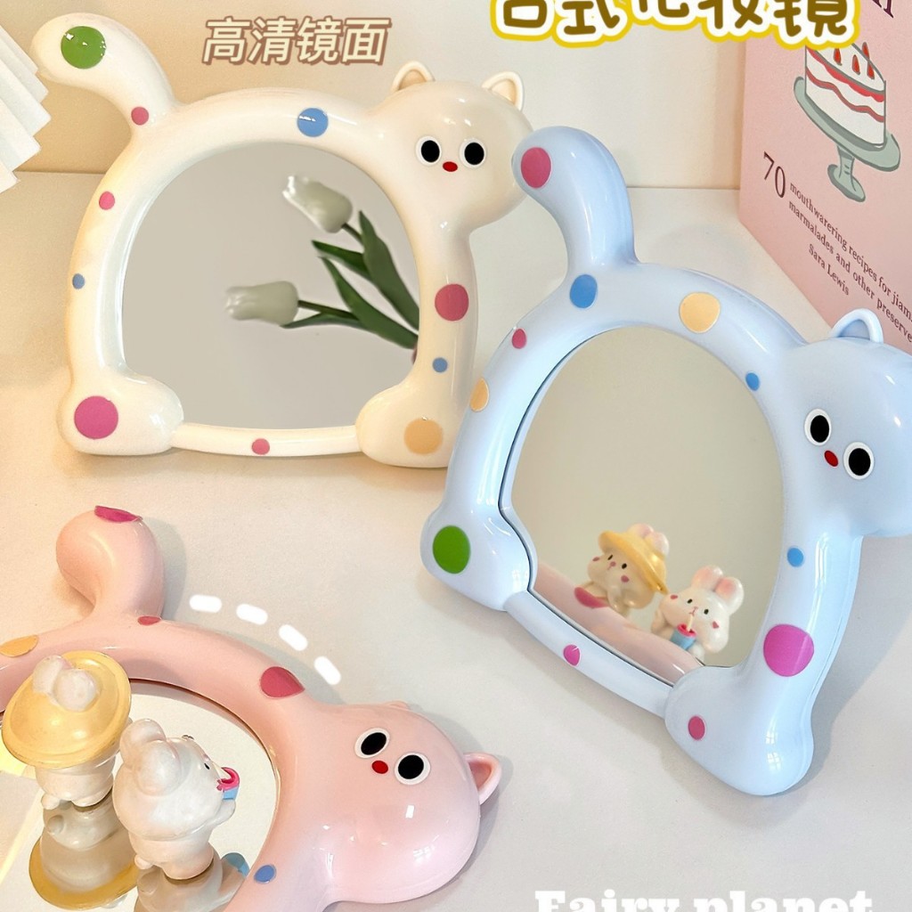 Gương Để Bàn Mini Gấp Gọn, Gương Trang Điểm Mèo Chấm Bi Gấp Gọn Tiện Lợi