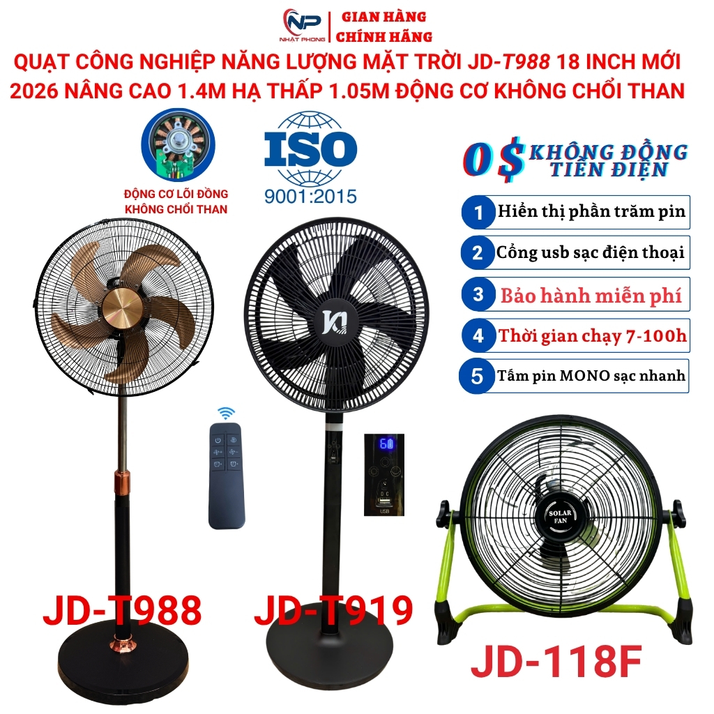 Quạt năng lượng mặt trời,quạt tích điện 919T mẫu mới 2026,điều khiển,báo pin,động cơ không chổi than