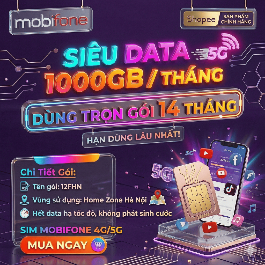 Sim 4G/5G 1 NĂM MIỄN PHÍ MXH100 12FHCM VD100Y D159V UMAX50N U1500 SD135 MXH100 12MDT150 SIM 4G VINAP