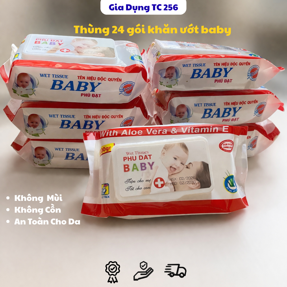 [Thùng 24 Gói] Khăn ướt Phú Đạt Baby 100 tờ không mùi, không cồn, an toàn cho trẻ nhỏ và người lớn