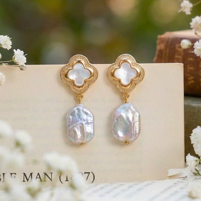 Bông Tai Ngọc Trai Thô Cỏ Bốn Lá Dáng Thả Ánh Xà Cừ Thời Trang - Ngọc Trai Trường Thịnh
