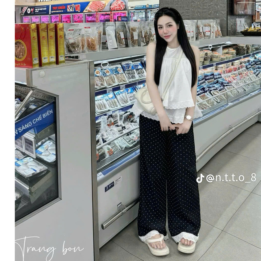 set đồ nữ sang chảnh,set đồ nữ quần dài Sét thô tầng viền ren boi kèm quần đũi bi chân ren q1