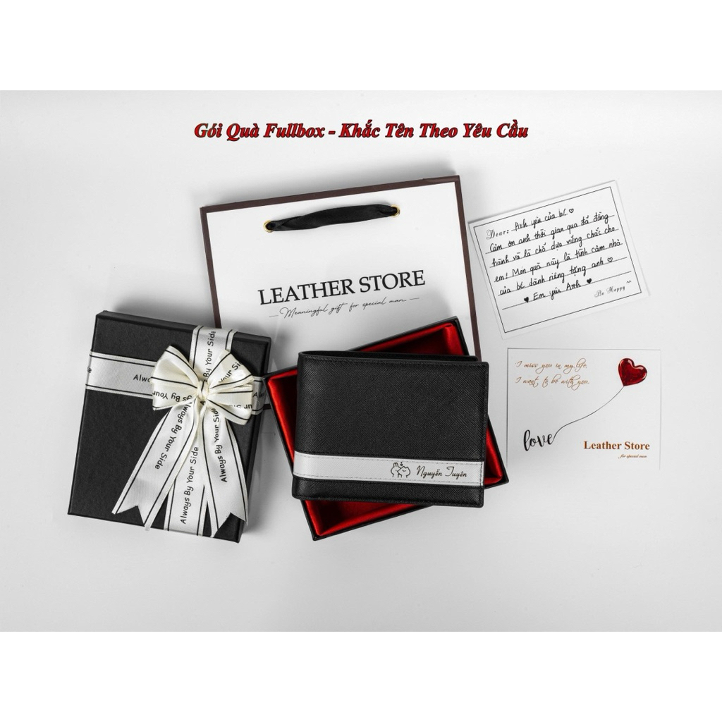 [Fullbox Gói Quà] Ví nam khắc tên theo yêu cầu da saffiano hộp nơ túi thiệp sang trọng người yêu, bố