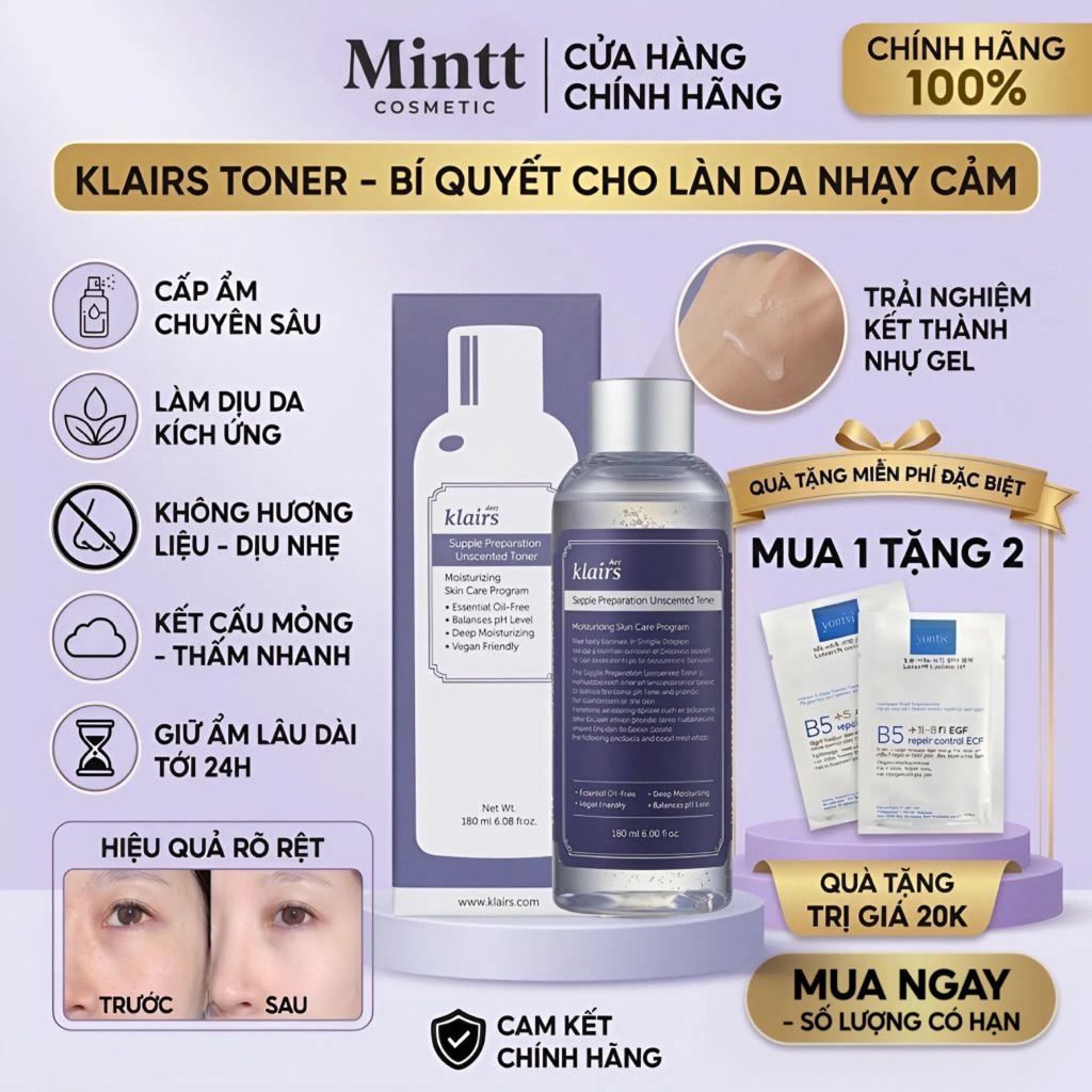 [CHÍNH HÃNG 100%] Toner dưỡng ẩm Klairs, nước hoa hồng cân bằng da không mùi, dưỡng ẩm tức thì 180ML