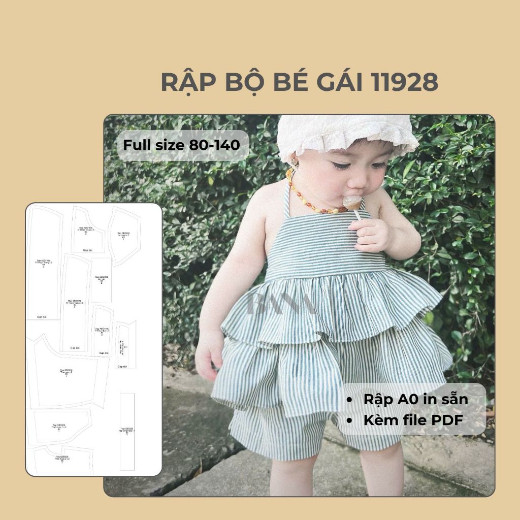 Rập A0 | Bộ bé gái 11928 form chuẩn - dễ may | Full size 80-140 | File PDF + A0 in sẵn