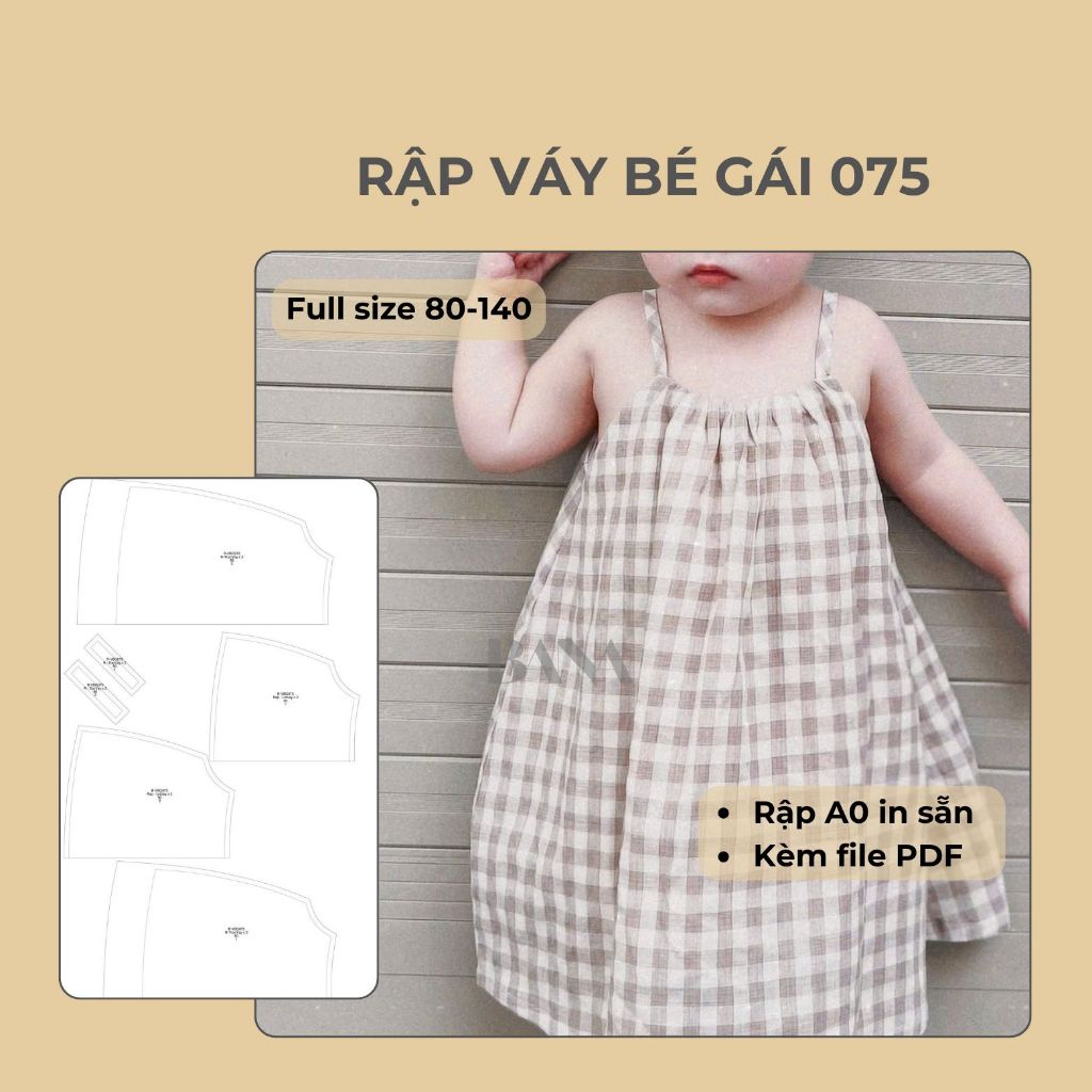 Rập A0 | Váy bé gái 075 form chuẩn - dễ may | Full size 80-140 | File PDF + A0 in sẵn