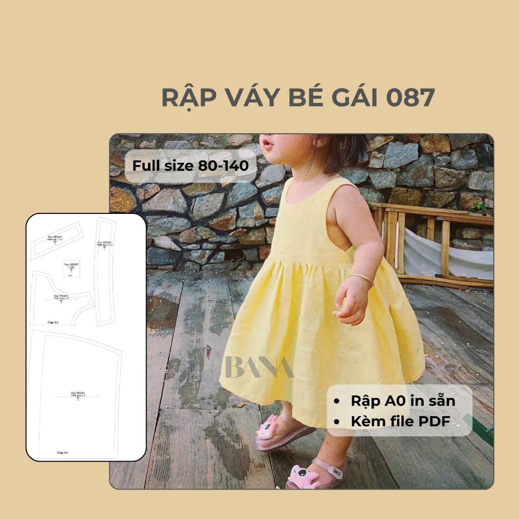 Rập A0 | Váy Bé Gái 087 Form Chuẩn | Rập May Đầm Trẻ Em Full Size 80-140 | File PDF + A0 In Sẵn Dễ M