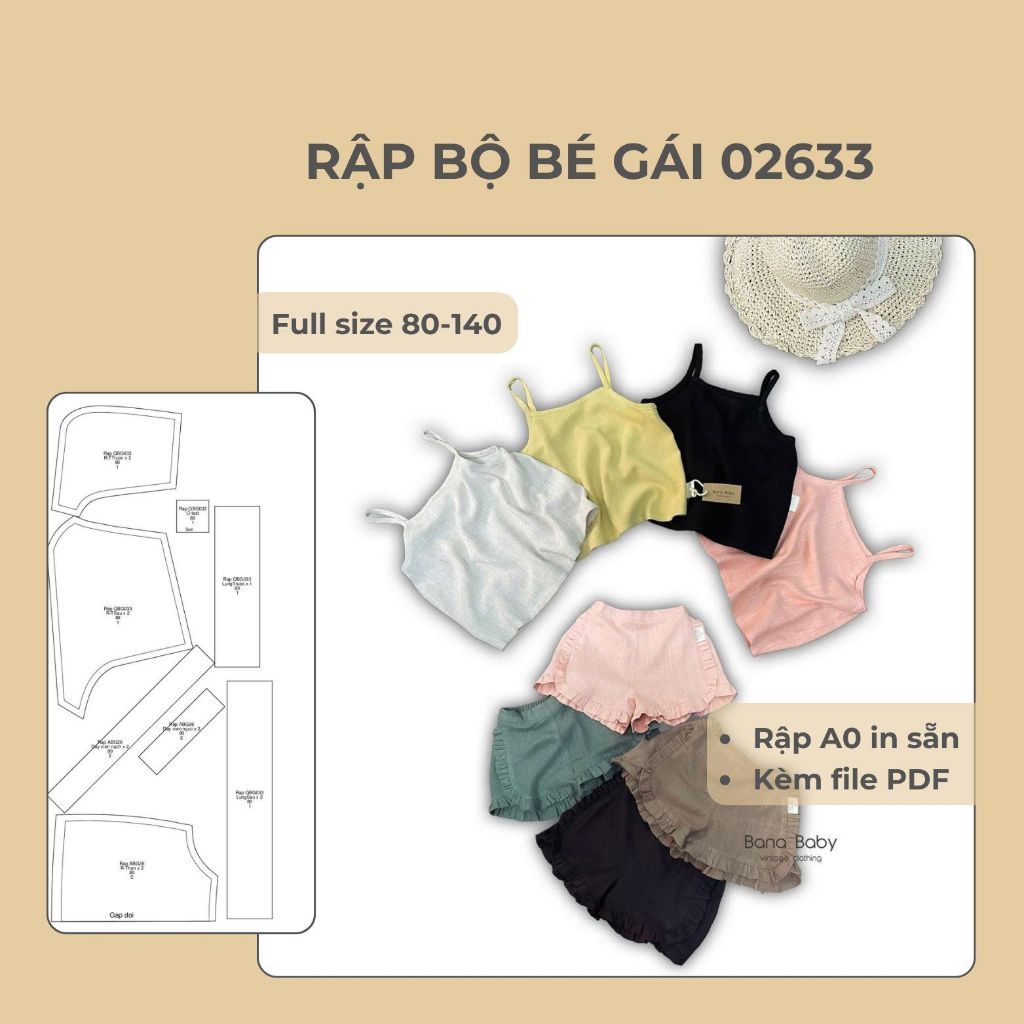 Rập A0 | Bộ bé gái 02633 form chuẩn - dễ may | Full size 80-140 | File PDF + A0 in sẵn