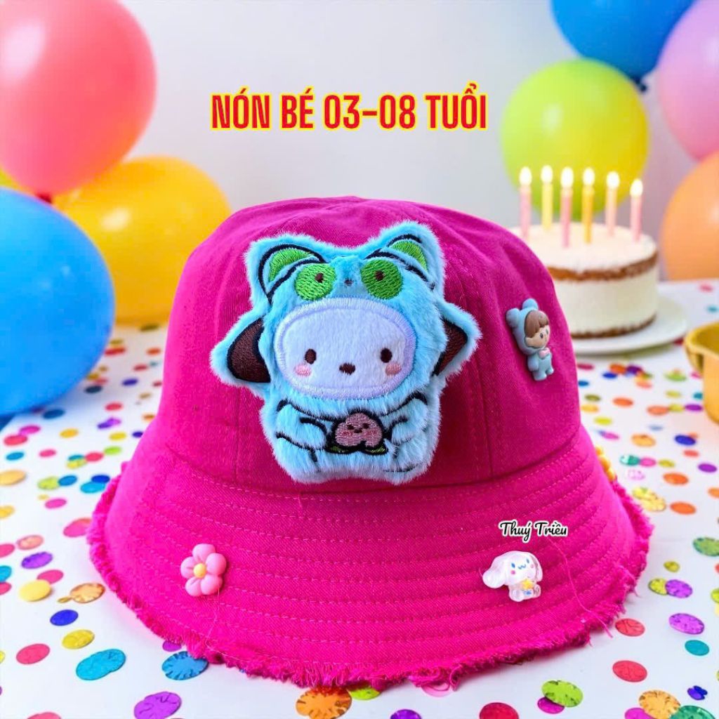 BO114: Nón bo bucket chất kaki có thú bông vành tua rua cho bé gái từ 03-07 tuổi, có dây đeo chống t